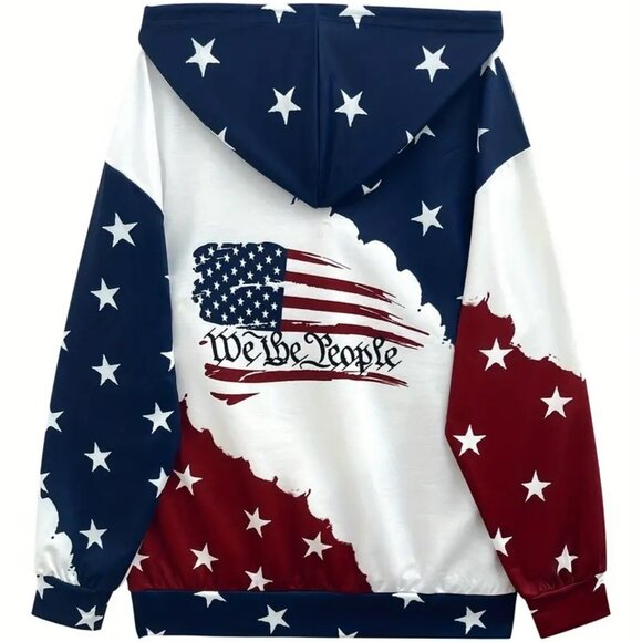 Hoodie Draw String Patriotic Flag Print Red White Blue Front Pouch Med and Large - Picture 2 of 3